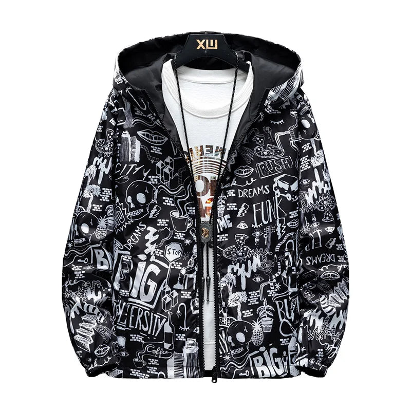 Strewear Men's Reversible Graffiti Printed Windbreaker Jacket - Lightweight Hooded Design, Available in Plus Sizes M-5XL