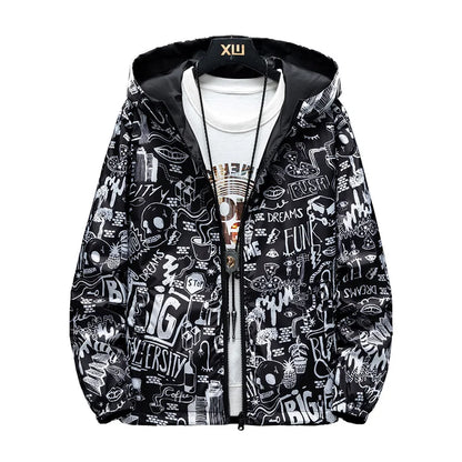 Strewear Men's Reversible Graffiti Printed Windbreaker Jacket - Lightweight Hooded Design, Available in Plus Sizes M-5XL