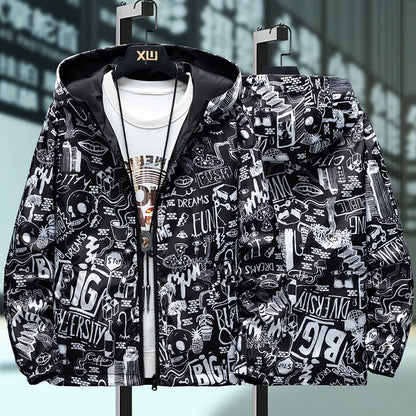 Strewear Men's Reversible Graffiti Printed Windbreaker Jacket - Lightweight Hooded Design, Available in Plus Sizes M-5XL