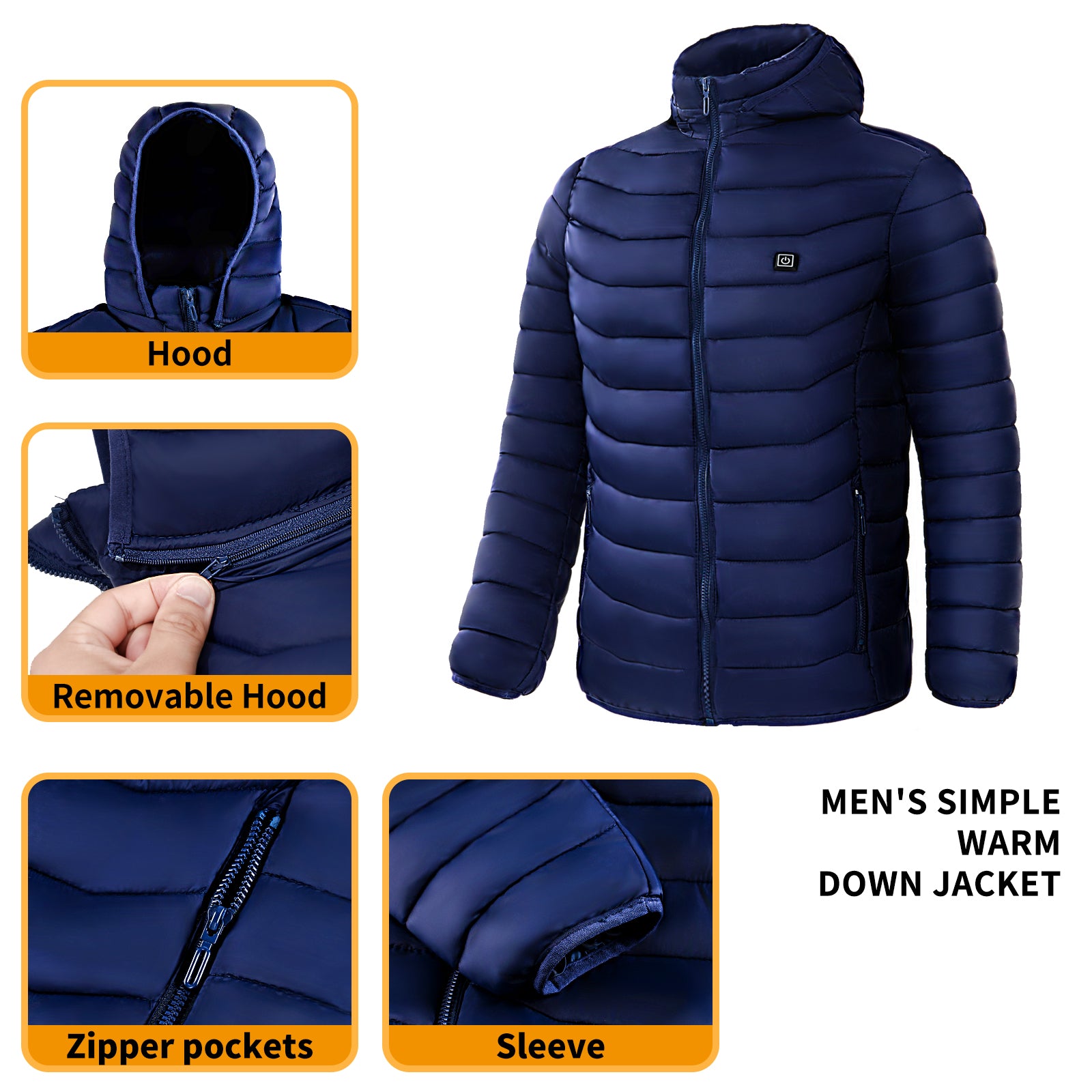 Men's Insulated Heated Puffer Jacket with Electric Heating and Hooded Windbreaker