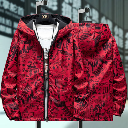 Strewear Men's Reversible Graffiti Printed Windbreaker Jacket - Lightweight Hooded Design, Available in Plus Sizes M-5XL