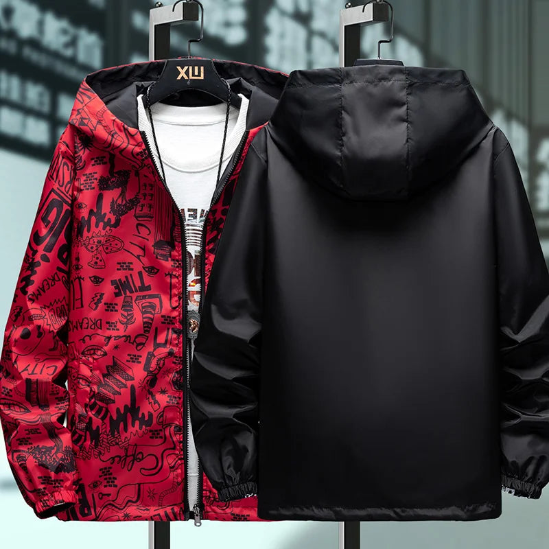 Strewear Men's Reversible Graffiti Printed Windbreaker Jacket - Lightweight Hooded Design, Available in Plus Sizes M-5XL