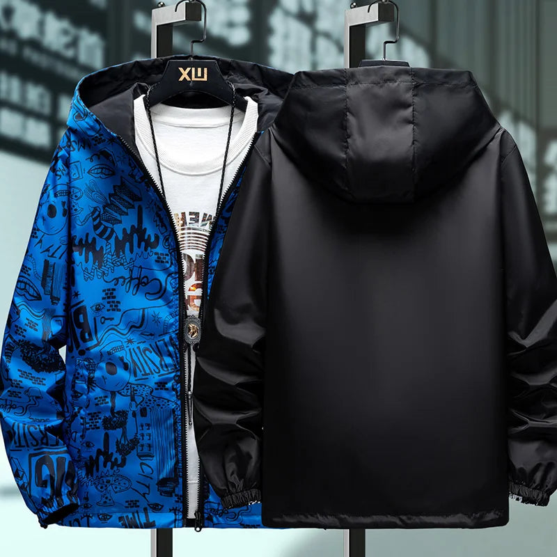 Strewear Men's Reversible Graffiti Printed Windbreaker Jacket - Lightweight Hooded Design, Available in Plus Sizes M-5XL