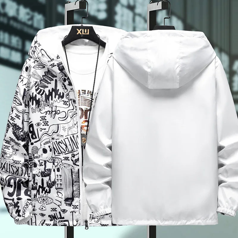 Strewear Men's Reversible Graffiti Printed Windbreaker Jacket - Lightweight Hooded Design, Available in Plus Sizes M-5XL