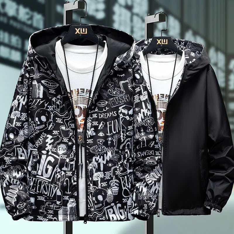 Strewear Men's Reversible Graffiti Printed Windbreaker Jacket - Lightweight Hooded Design, Available in Plus Sizes M-5XL