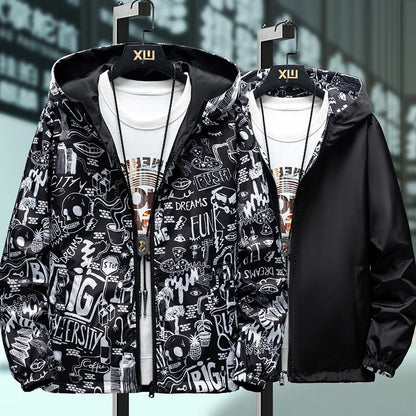 Strewear Men's Reversible Graffiti Printed Windbreaker Jacket - Lightweight Hooded Design, Available in Plus Sizes M-5XL