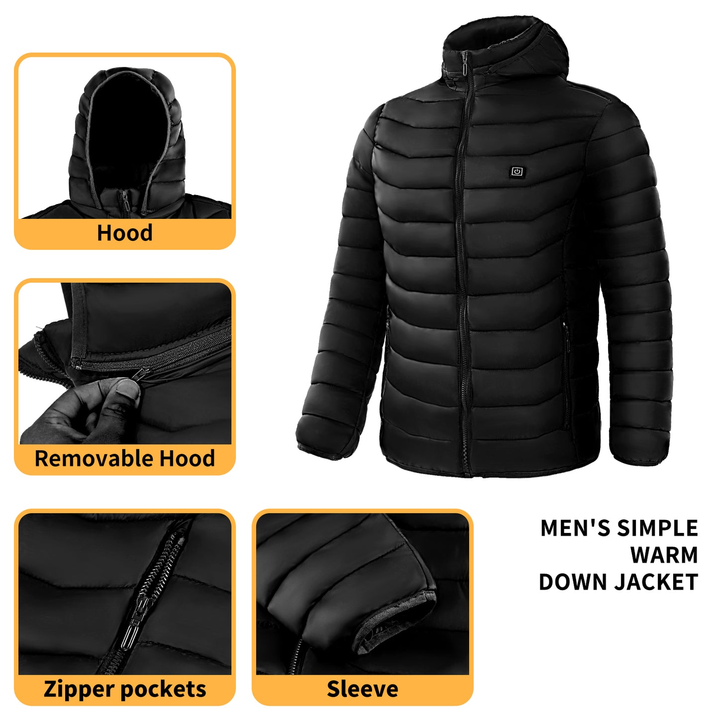 Men's Insulated Heated Puffer Jacket with Electric Heating and Hooded Windbreaker