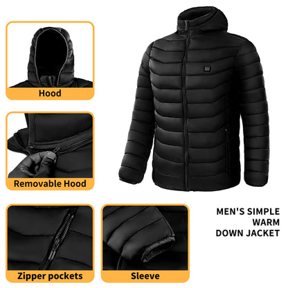 Men's Insulated Heated Puffer Jacket with Electric Heating and Hooded Windbreaker