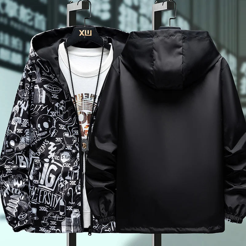Strewear Men's Reversible Graffiti Printed Windbreaker Jacket - Lightweight Hooded Design, Available in Plus Sizes M-5XL