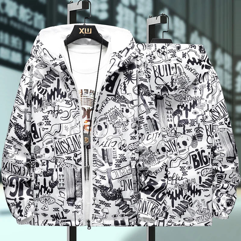 Strewear Men's Reversible Graffiti Printed Windbreaker Jacket - Lightweight Hooded Design, Available in Plus Sizes M-5XL