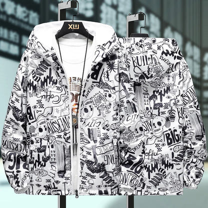 Strewear Men's Reversible Graffiti Printed Windbreaker Jacket - Lightweight Hooded Design, Available in Plus Sizes M-5XL